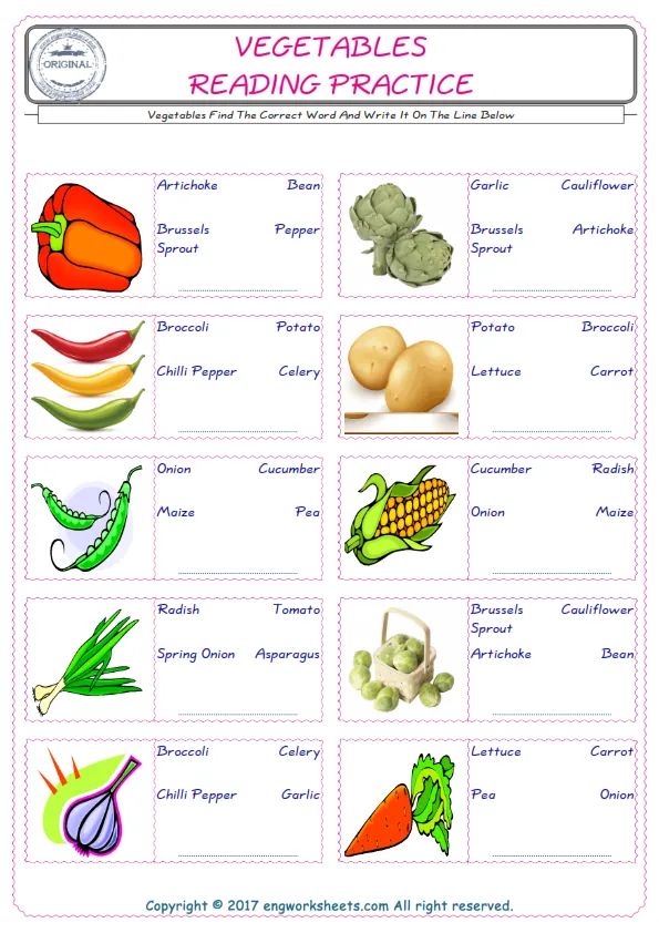 Check the picture of the Vegetables for kids ESL worksheet for supplying the correct one among three words into the blank place. Worksheet Preview