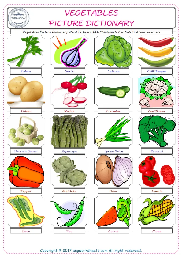 Vegetables English Worksheet for Kids ESL Printable Picture Dictionary Worksheet Preview