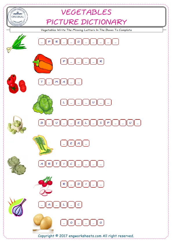 Type in the blank and learn the missing letters in the Vegetables words given for kids English worksheet. Worksheet Preview