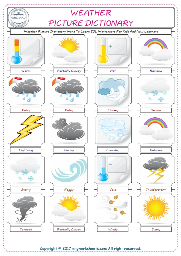 Weather English Worksheet for Kids ESL Printable Picture Dictionary Worksheet Preview