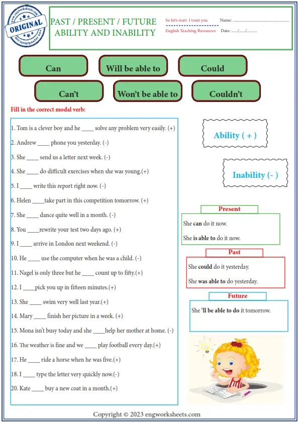 Ability And Inability, Past, Present, Future Worksheet Preview
