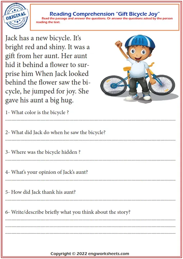 Reading Comprehension Worksheets - Gift Bicycle Joy Reading Comprehension Worksheet. Worksheet Preview
