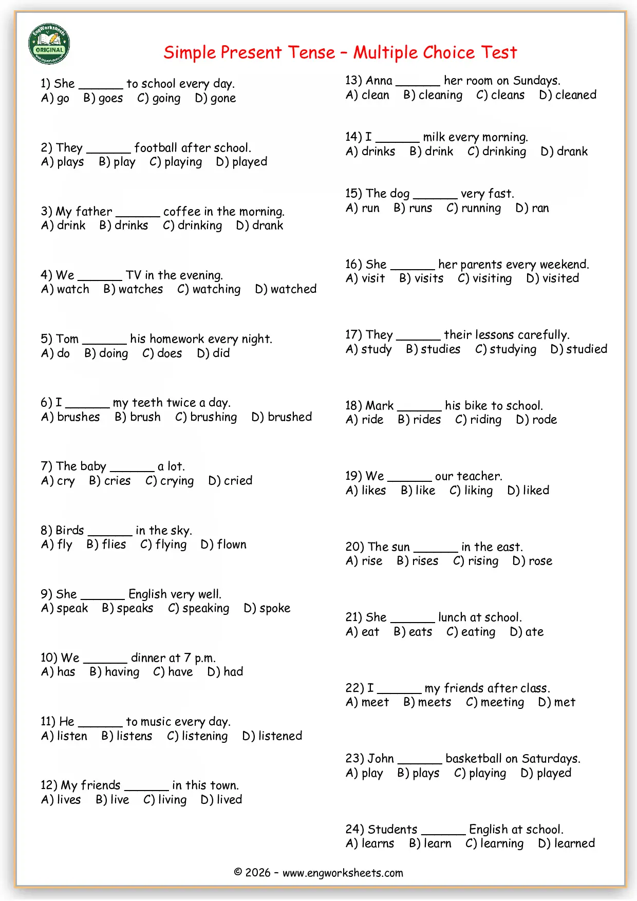 Simple Present Tense Multiple Choice Test Worksheet Preview