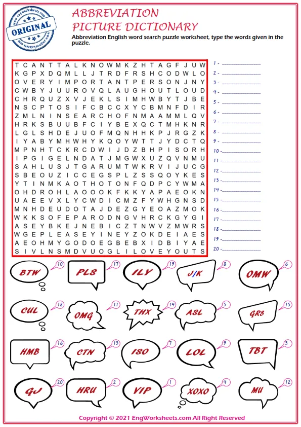 Abbreviation English word search puzzle worksheet, type the words given in the puzzle. Worksheet Preview