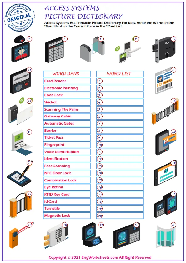 Access Systems ESL Printable Picture Dictionary For Kids. Write the Words in the Word Bank in the Correct Place in the Word List. Worksheet Preview