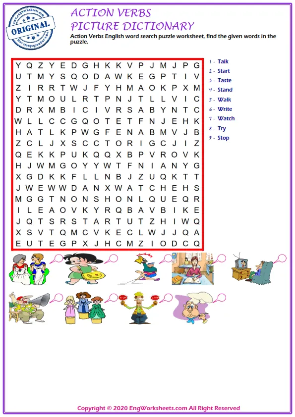 Action Verbs English word search puzzle worksheet, find the given words in the puzzle. Worksheet Preview
