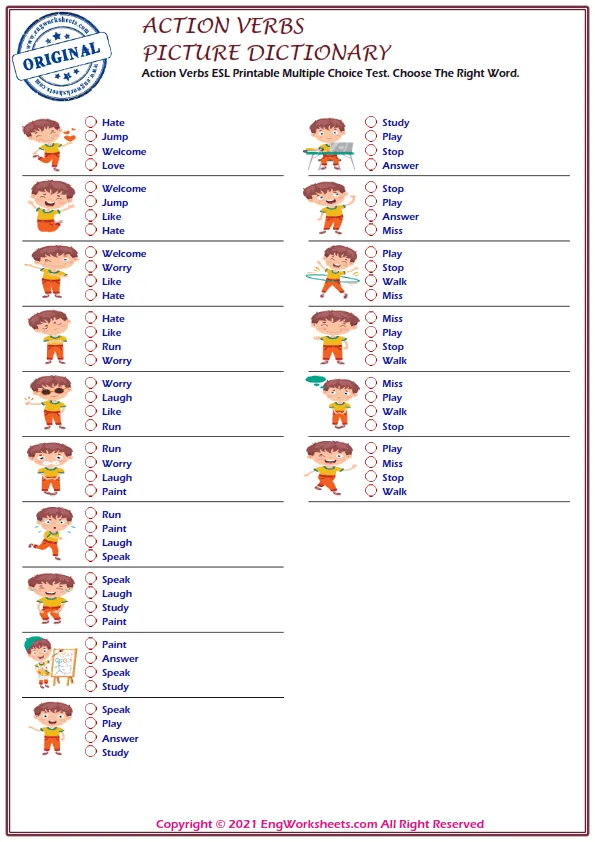 Action Verbs vocabulary worksheet with words, two images per page Worksheet Preview