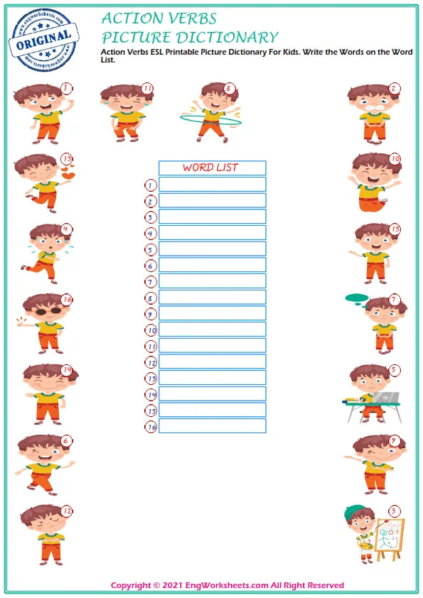 Action Verbs vocabulary worksheet with words, nine images per page Worksheet Preview