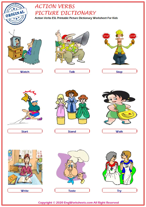 Action Verbs ESL Printable Picture Dictionary Worksheet For Kids Worksheet Preview