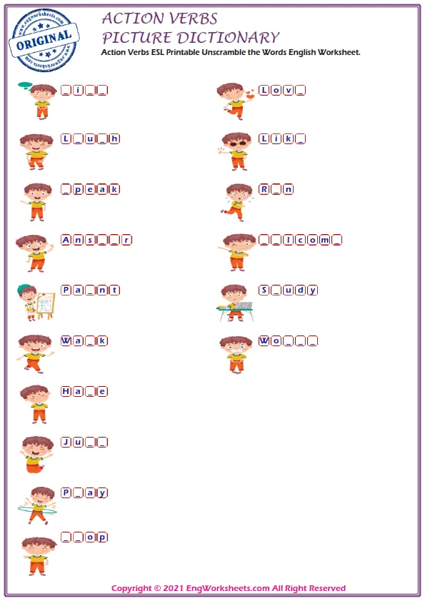 Action Verbs English crossword puzzle worksheet, write the appropriate words to the pictures given in the puzzle. Worksheet Preview