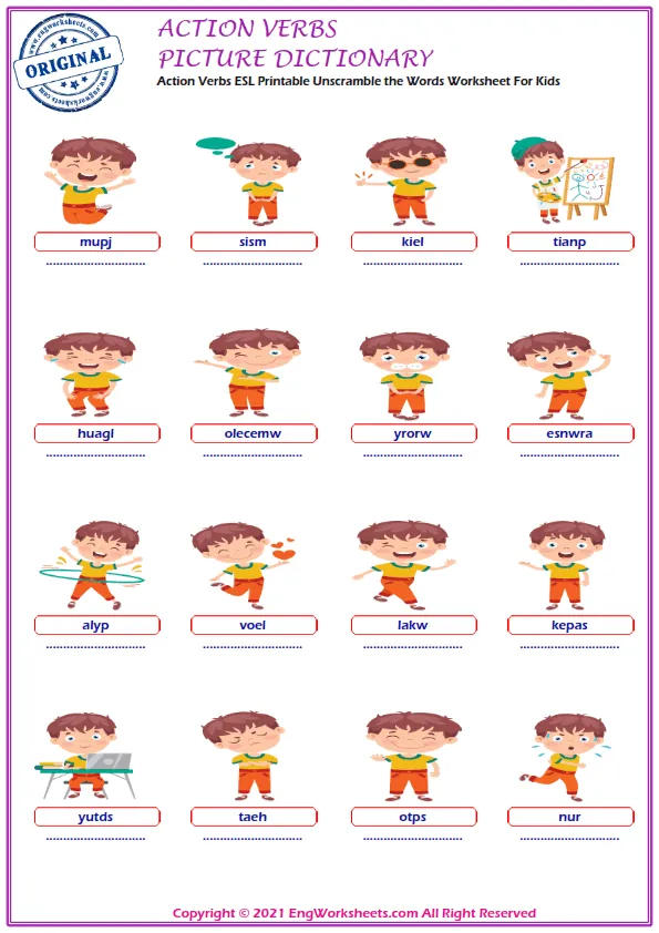 Action Verbs ESL Printable Picture Dictionary For Kids. Write the Words on the Word List. Worksheet Preview