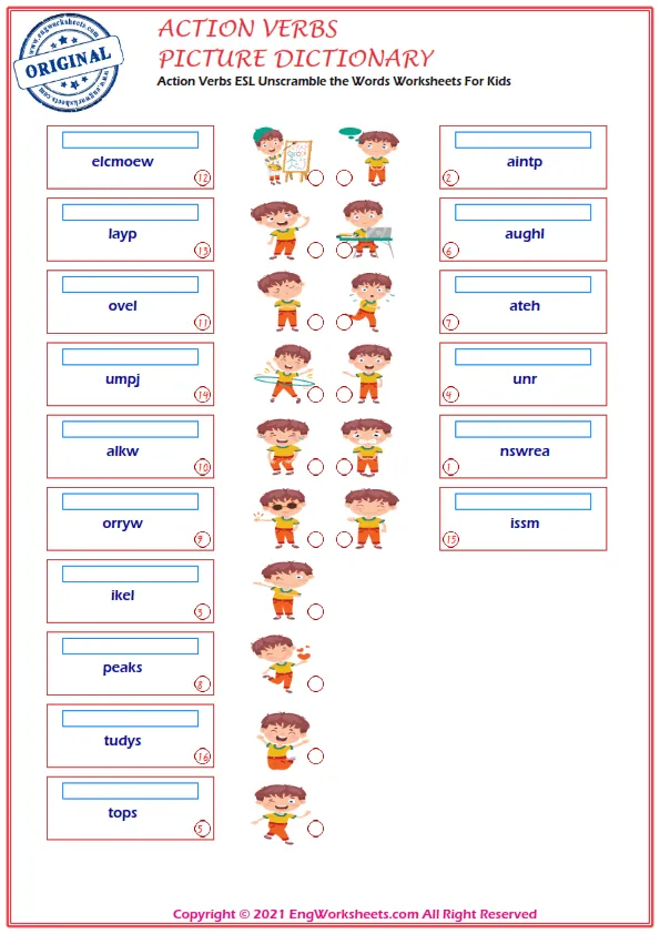 Action Verbs vocabulary worksheet with words, four images per page Worksheet Preview
