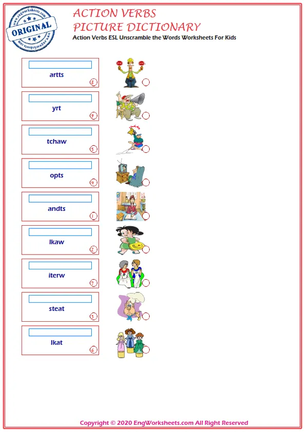 Action Verbs ESL Unscramble the Words Worksheets For Kids Worksheet Preview