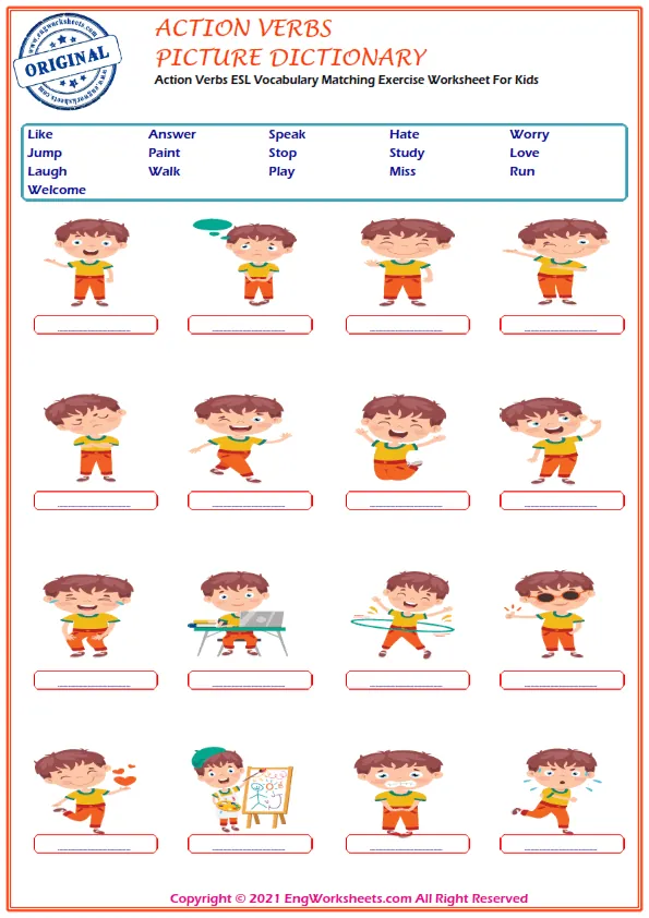 Action Verbs ESL Printable Picture Dictionary For Kids. Draw And Match The Words And Pictures. Worksheet Preview