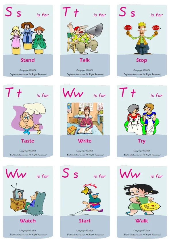 Action Verbs vocabulary worksheet with words, nine images per page Worksheet Preview