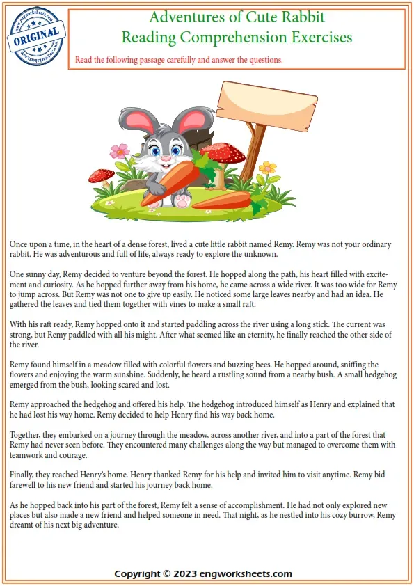 Reading Comprehension Worksheets - 5Th Grade Reading Comprehension Worksheet Adventures Of The Cute Rabbit. Worksheet Preview