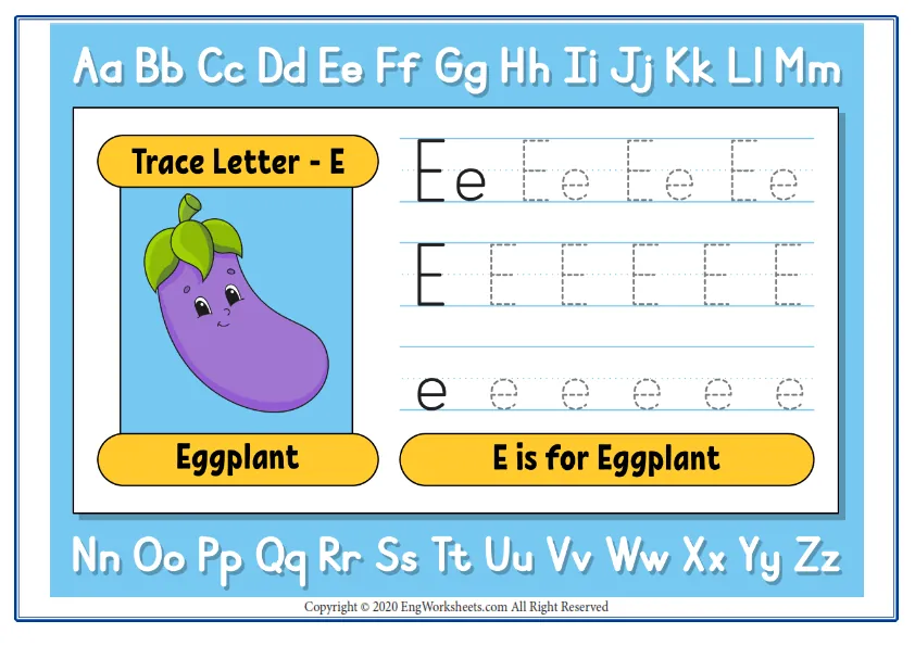 Alphabet Letter E Exercise With Cartoon Vocabulary Worksheet Preview