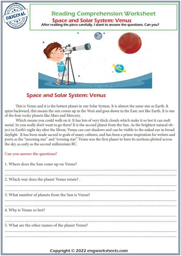 Reading Comprehension Worksheets - Solar System Venus Planet Reading Comprehension Worksheet. Worksheet Preview