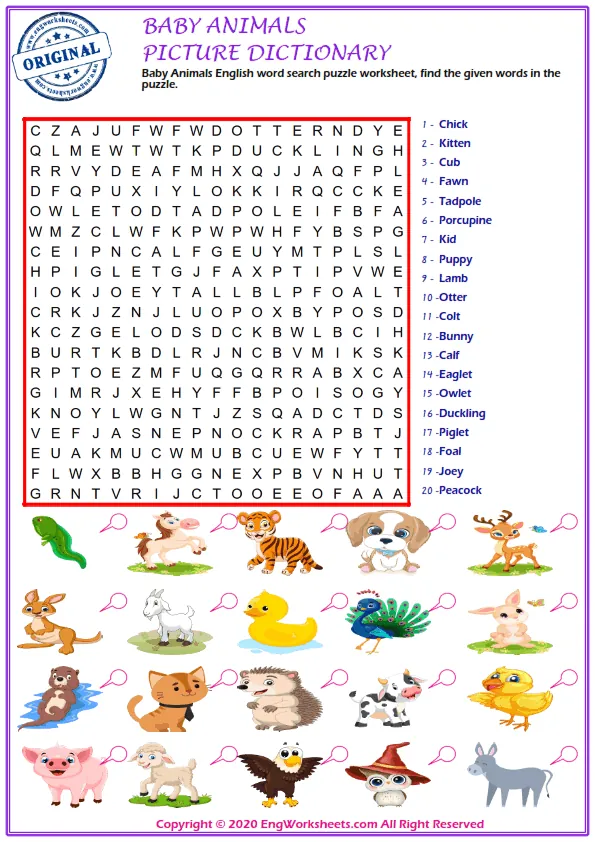 Baby Animals Esl Worksheet For Completing The Missing Two Letters. Worksheet Preview