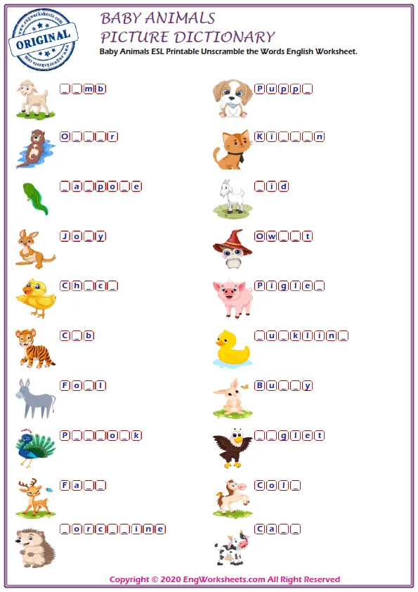 Full-page wordless Baby Animals English vocabulary worksheet Worksheet Preview