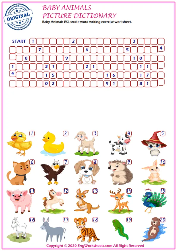 Wordless Baby Animals vocabulary worksheet with two images per page Worksheet Preview