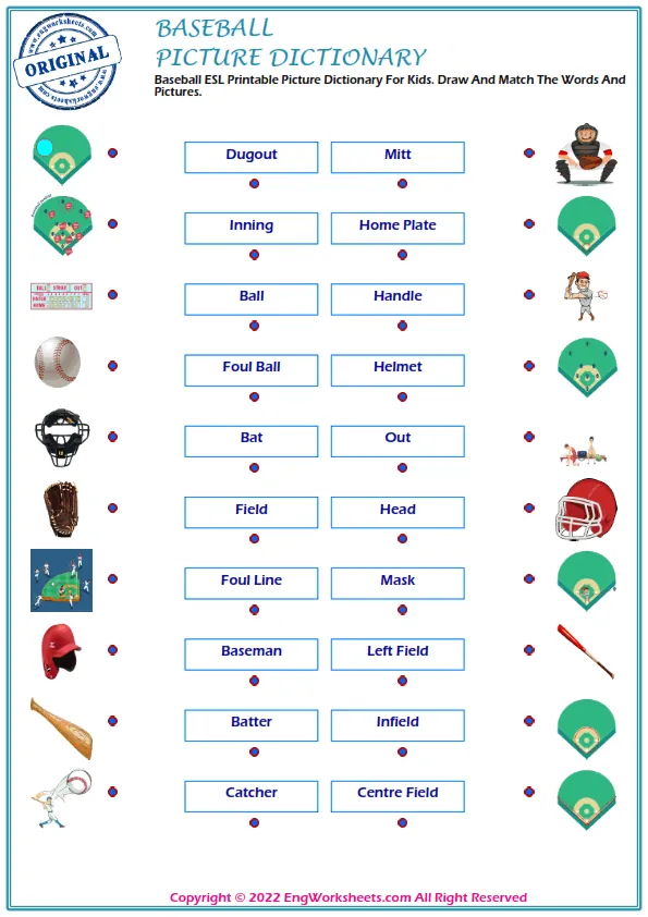Baseball ESL Printable Picture Dictionary For Kids. Draw And Match The Words And Pictures. Worksheet Preview