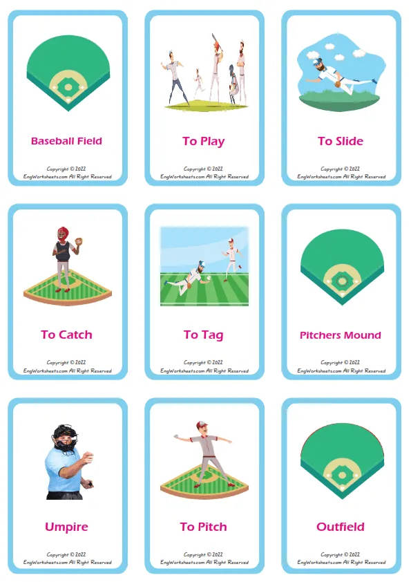 Baseball vocabulary worksheet with words, nine images per page Worksheet Preview