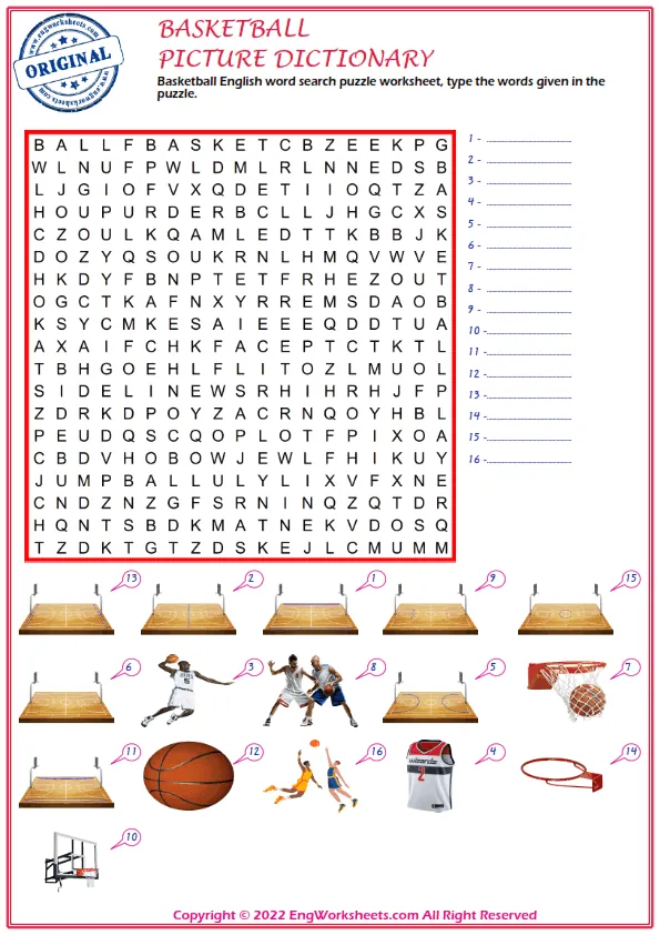 Basketball English word search puzzle worksheet, type the words given in the puzzle. Worksheet Preview