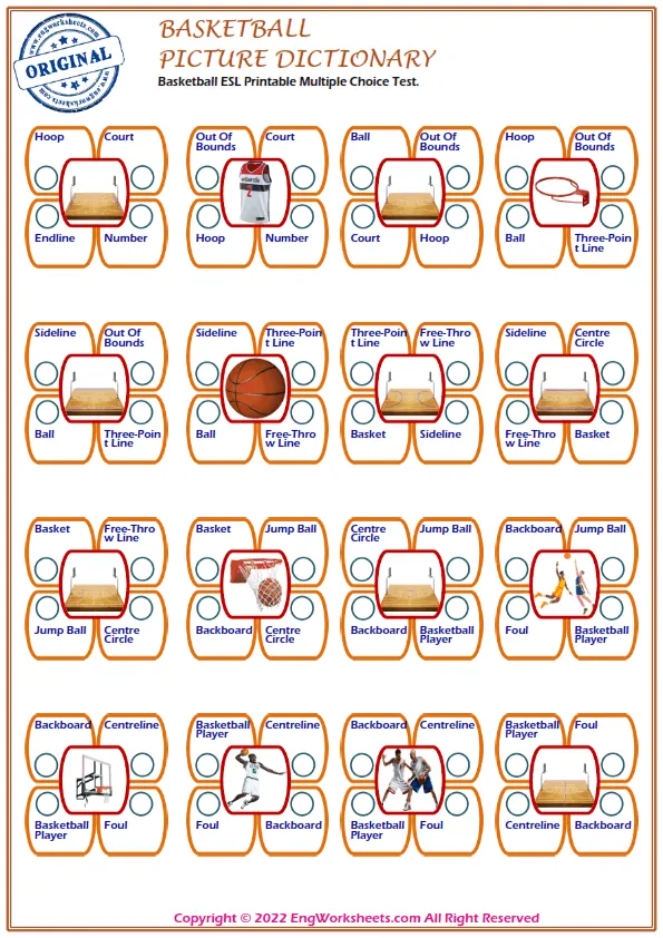 Basketball ESL Printable Multiple Choice Test. Worksheet Preview