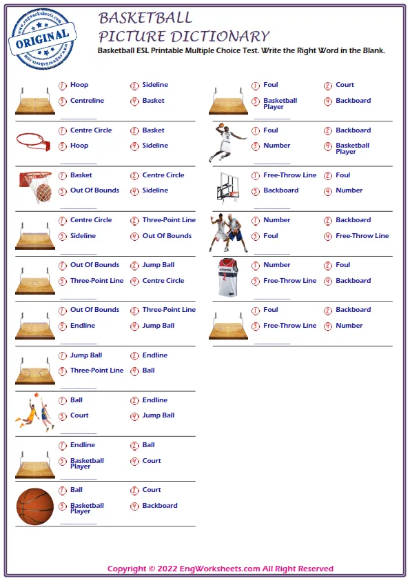 Basketball ESL Printable Multiple Choice Test. Write the Right Word in the Blank. Worksheet Preview