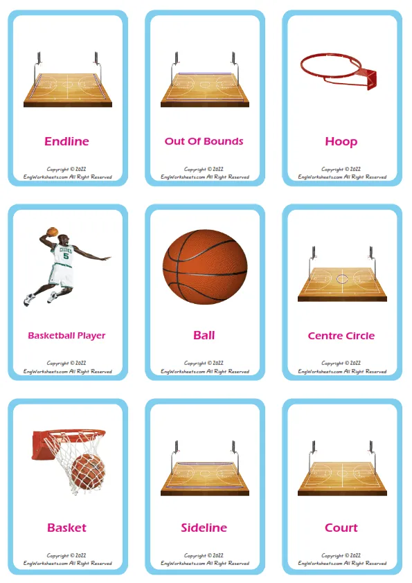 Basketball vocabulary worksheet with words, nine images per page Worksheet Preview