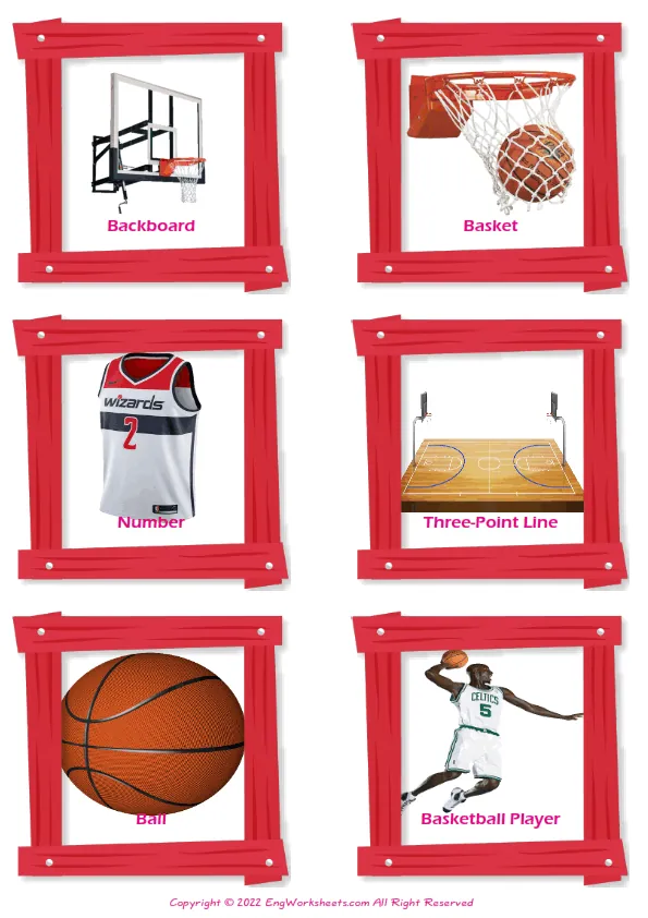 Basketball vocabulary worksheet with words, six images per page Worksheet Preview