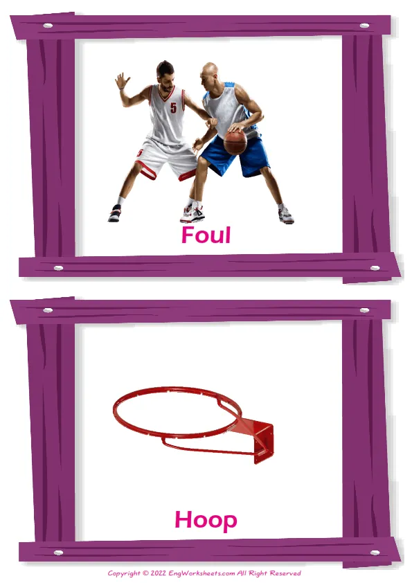 Basketball vocabulary worksheet with words, two images per page Worksheet Preview