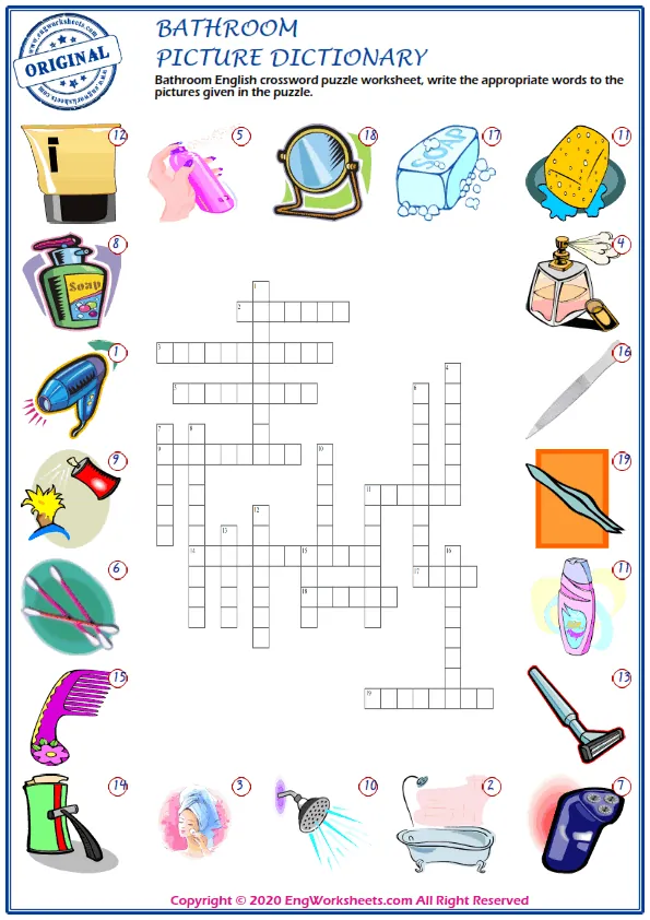 Bathroom English crossword puzzle worksheet, write the appropriate words to the pictures given in the puzzle. Worksheet Preview