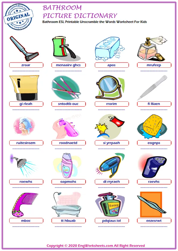 Bathroom ESL Printable Unscramble the Words Worksheet For Kids Worksheet Preview