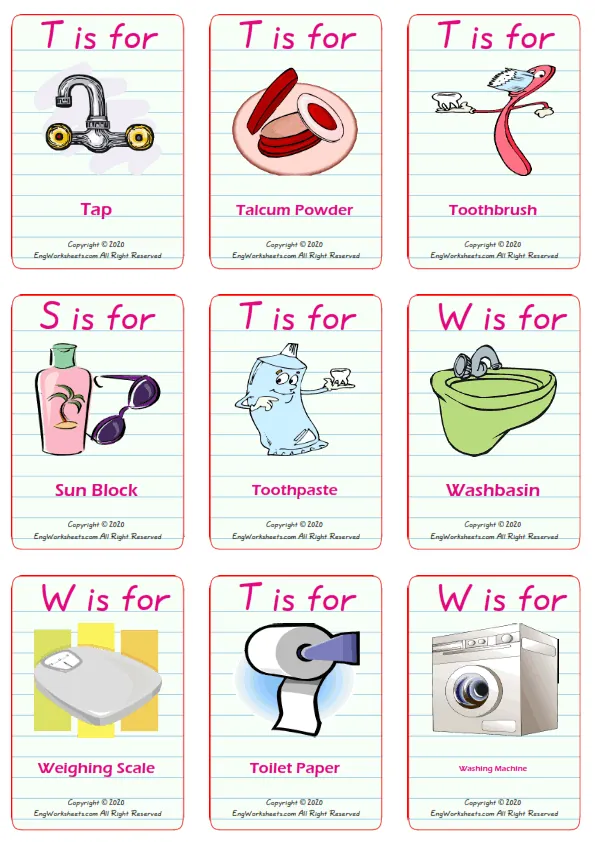 Bathroom vocabulary worksheet with words, nine images per page Worksheet Preview