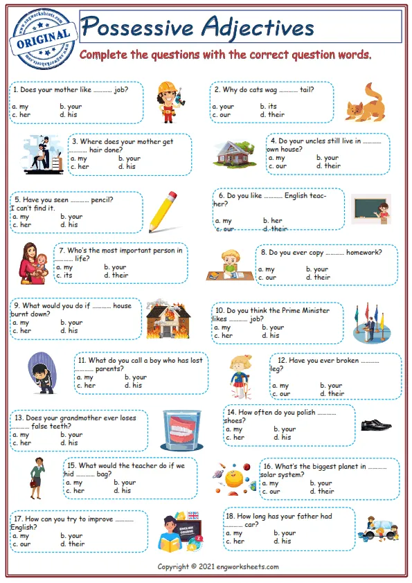 Possessive Adjectives Exercises Printable Esl Worksheets Worksheet Preview