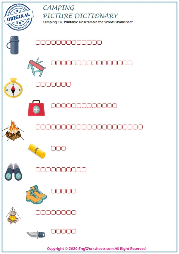Camping ESL Printable Unscramble the Words Worksheet. Worksheet Preview