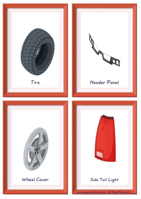 Quarter page ESL Flashcard together with words containing Cars picture for kids and teachers. Worksheet Preview