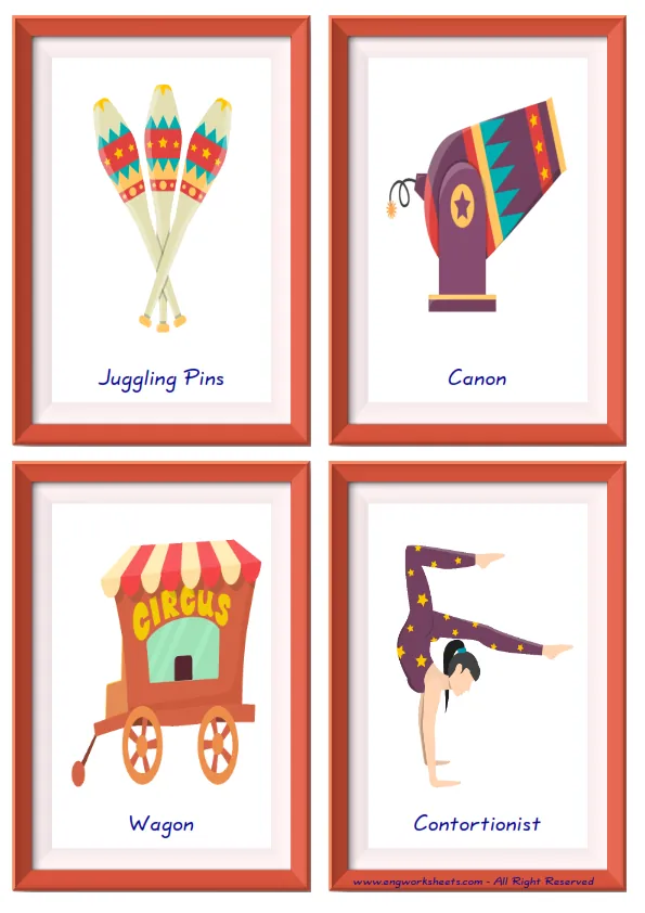 Quarter page ESL Flashcard together with words containing Circus picture for kids and teachers. Worksheet Preview
