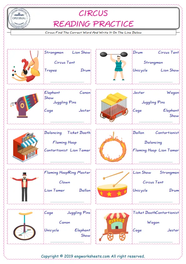Check the picture of the Circus for kids ESL worksheet for supplying the correct one among five words into the blank place. Worksheet Preview