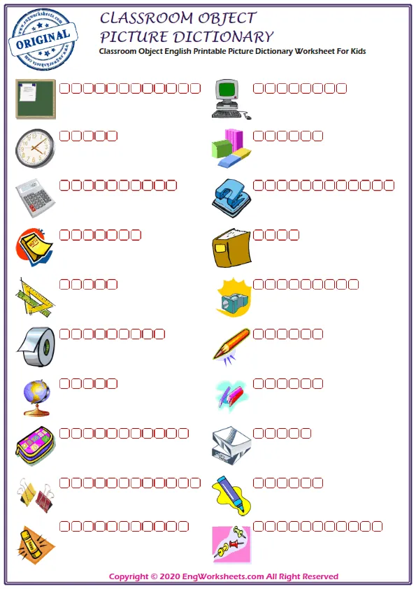 Classroom Objects English Printable Picture Dictionary Worksheet For Kids Worksheet Preview