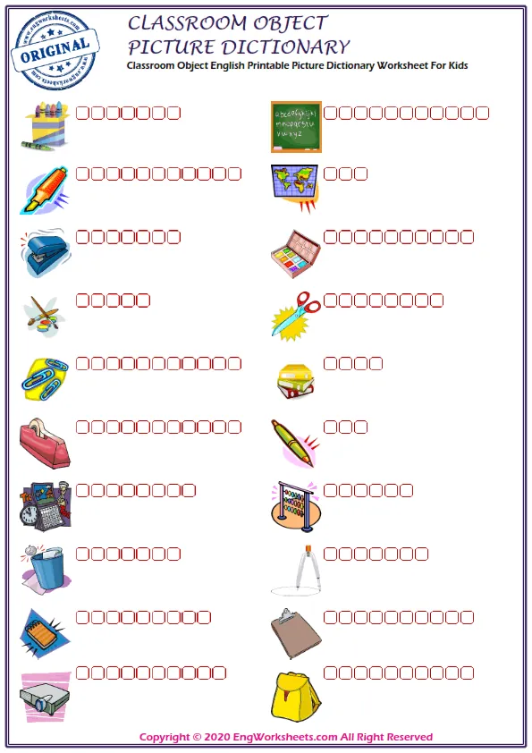 Classroom Objects English Printable Picture Dictionary Worksheet For Kids Worksheet Preview