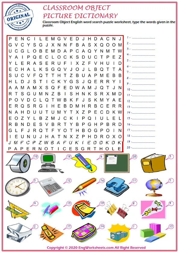 Classroom Objects English word search puzzle worksheet, type the words given in the puzzle. Worksheet Preview