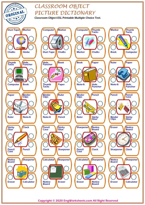 Classroom Objects ESL Printable Multiple Choice Test. Worksheet Preview