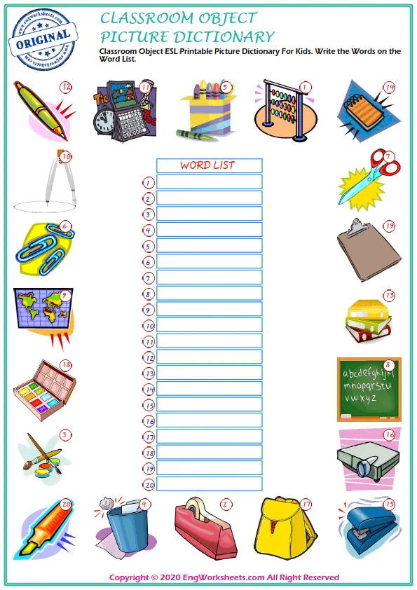 Classroom Objects ESL Printable Picture Dictionary For Kids. Write the Words on the Word List. Worksheet Preview