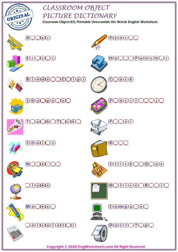 Classroom Objects ESL Printable Unscramble the Words English Worksheet. Worksheet Preview