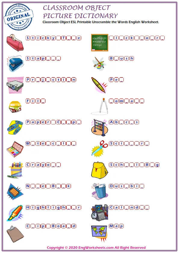 Classroom Objects ESL Printable Unscramble the Words English Worksheet. Worksheet Preview