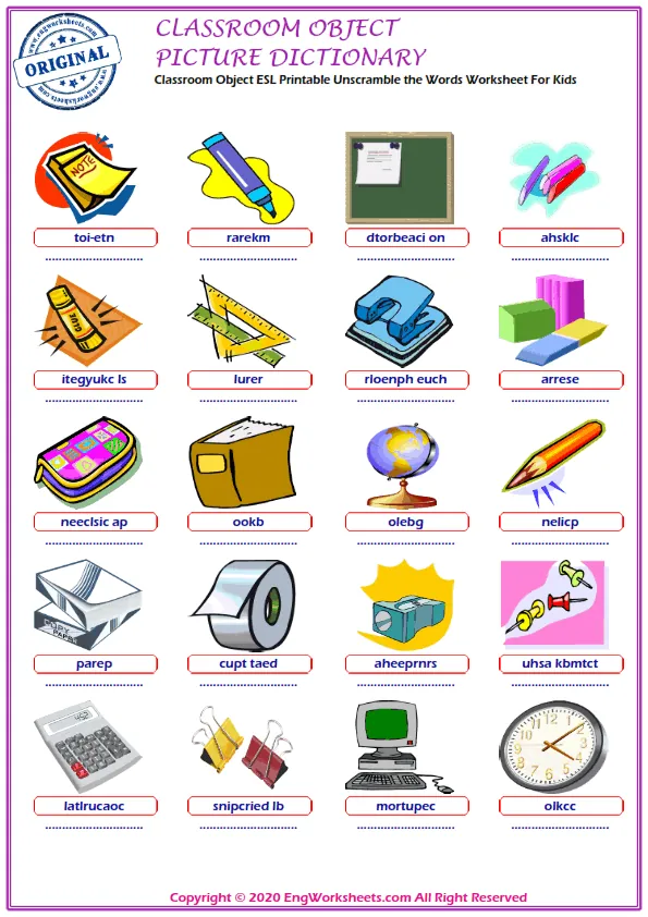 Classroom Objects ESL Printable Unscramble the Words Worksheet For Kids Worksheet Preview