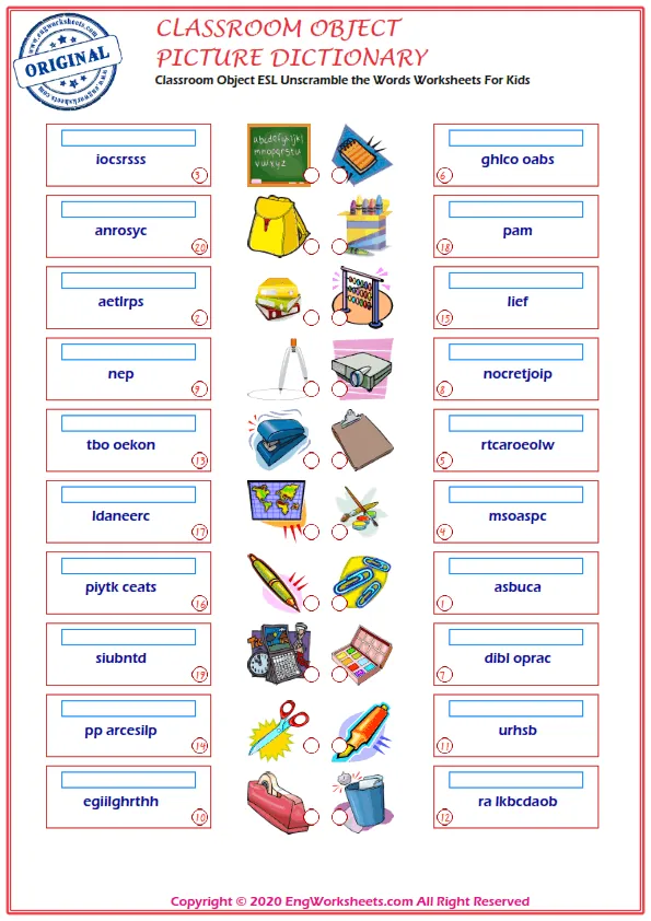 Classroom Objects ESL Unscramble the Words Worksheets For Kids Worksheet Preview